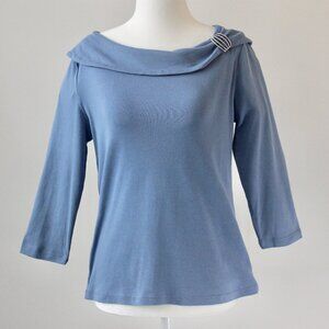 Rafaella 100% Cotton Blue Brooch Old Money Cowl 3/4 Sleeve Top Small Petite